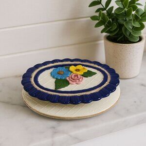 Vintage Ceramic Trinket Dish Floral Raised Design Blue Rim Vanity Tray 1970s